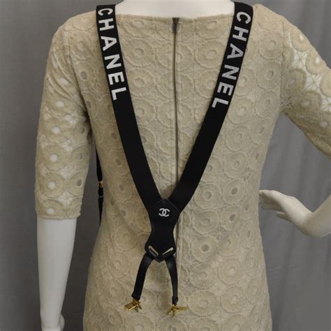 CHANEL Logo Suspenders Black White 32559 